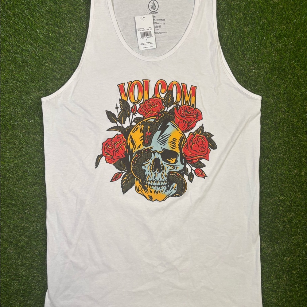Volcom White Tank Top with Skull and Roses Graphic